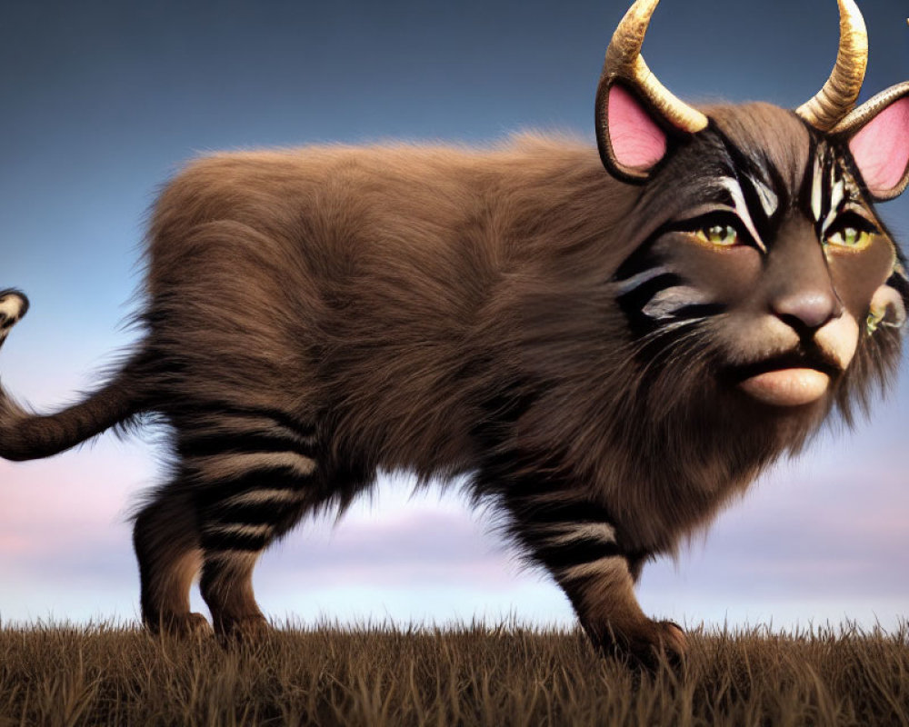 Digital illustration of a whimsical creature with cat body, lion face, and goat horns