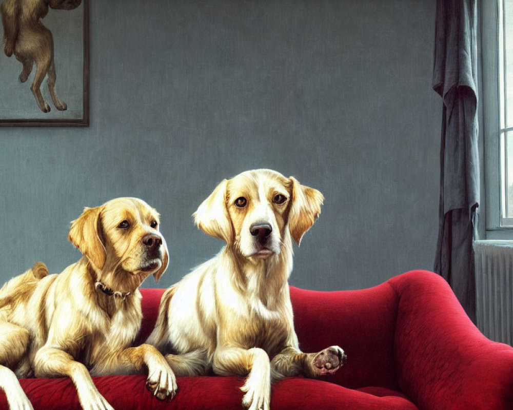 Two Golden Retrievers on Red Sofa in Room with Grey Walls and Window View of Buildings