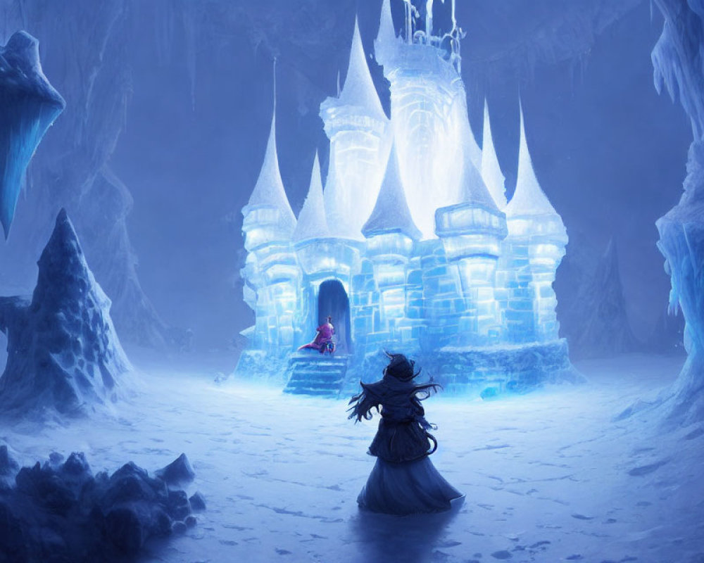 Majestic ice castle with glowing lights in frosty landscape and figure in cloak