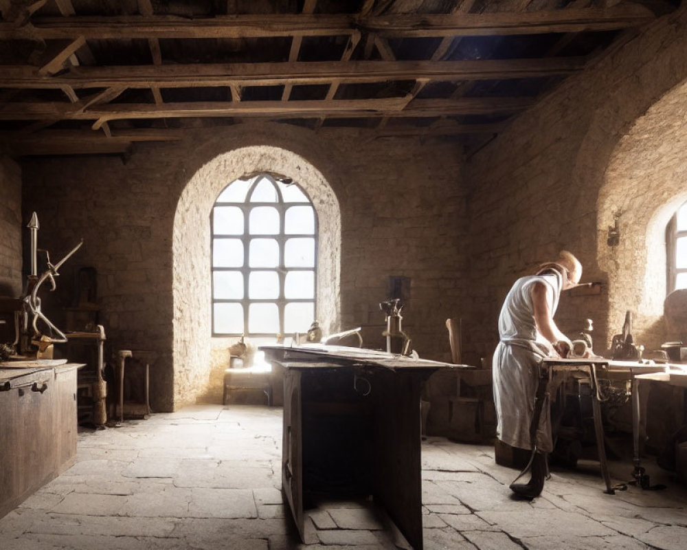 Historically dressed person crafting in rustic stone workshop