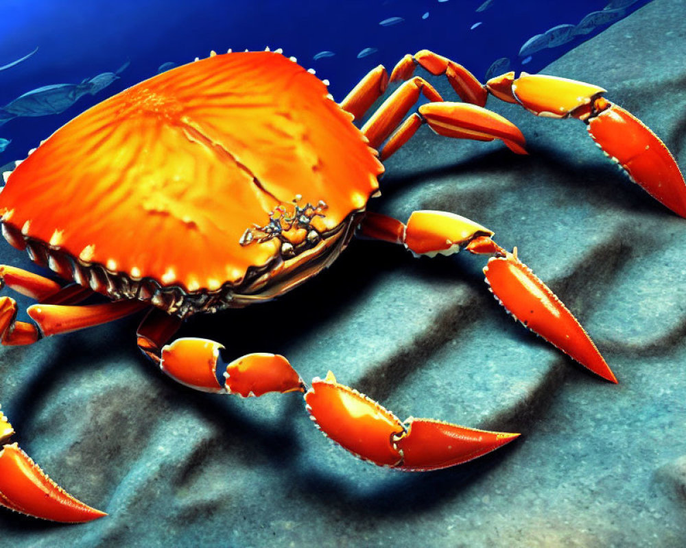 Colorful Orange Crab with Prominent Claws on Sandy Seabed