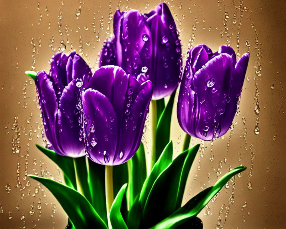 Purple Tulips with Water Droplets on Beige Background