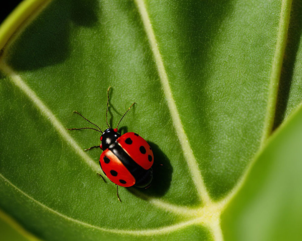 Red and black-spotted ladybug on green leaf with veins