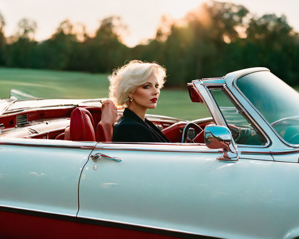 Blonde Woman Driving Classic Convertible Car at Sunset