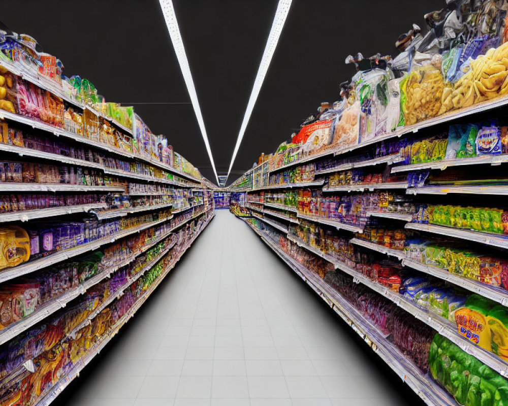 Symmetrical Supermarket Aisle with Colorful Produce and Goods