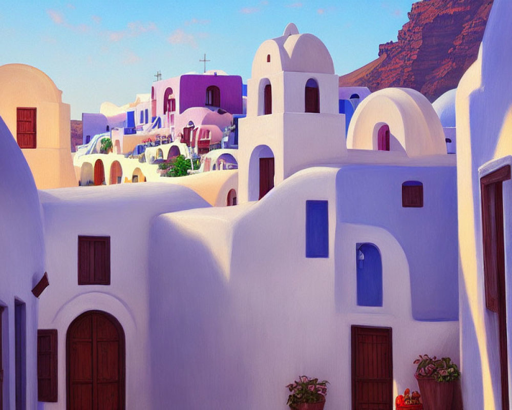 Traditional Greek Island Scene: Whitewashed Buildings & Curved Roofs