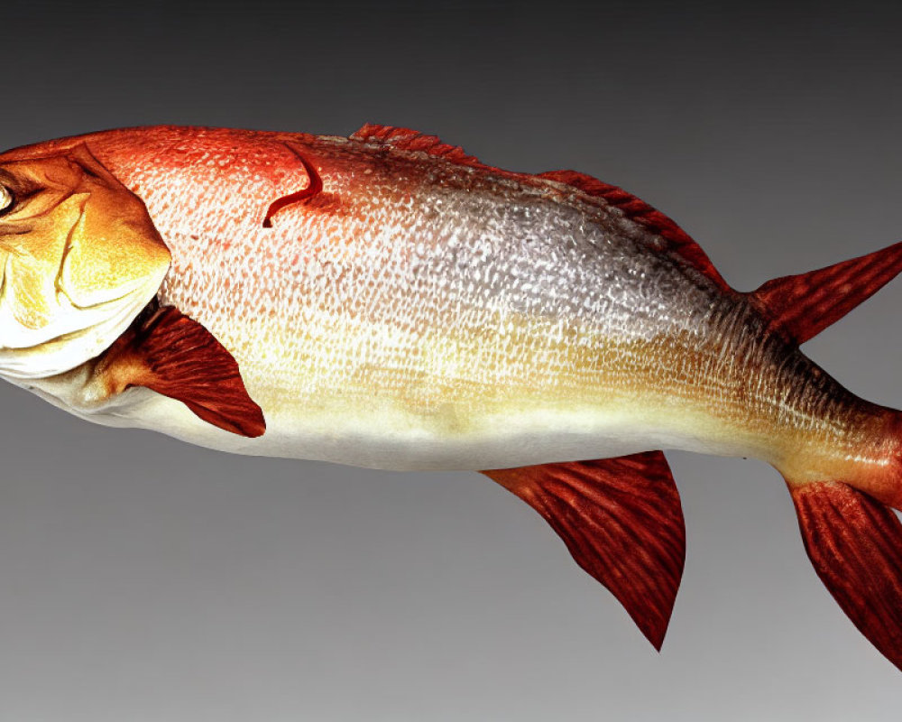 Colorful Fish Close-Up with Detailed Scales and Pronounced Fins on Grey Background