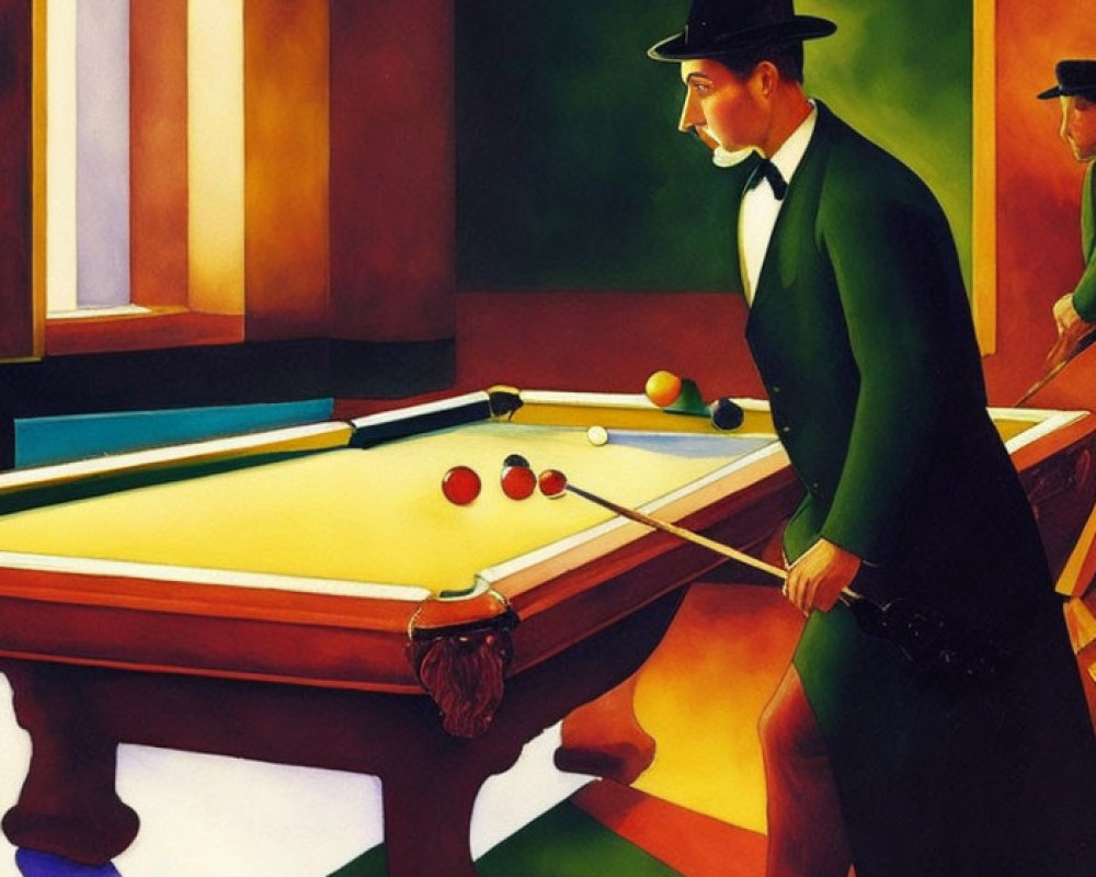 Man in Green Suit and Top Hat Playing Billiards in Vibrant Room