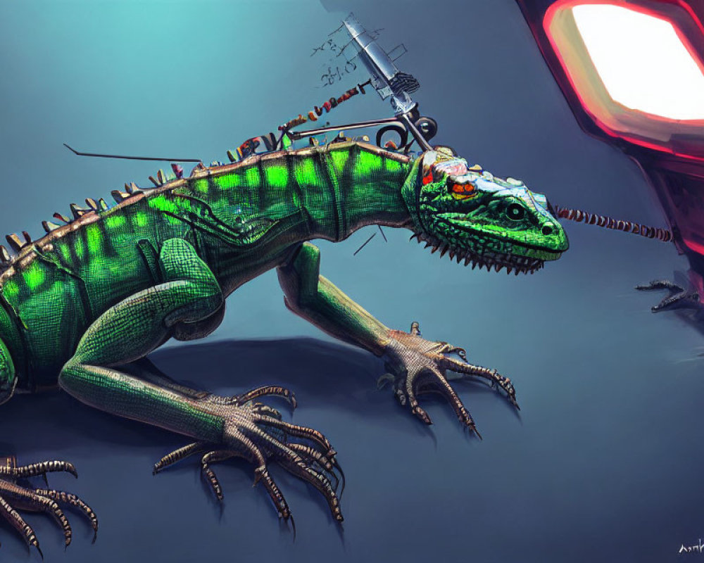 Digital artwork: Green reptilian creature with cybernetic enhancements and glowing red eye next to red light