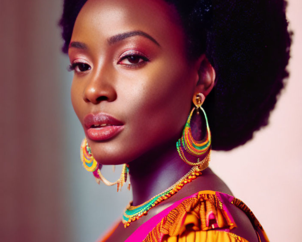 Colorful Afro Woman Portrait with Hoop Earrings on Pink Background