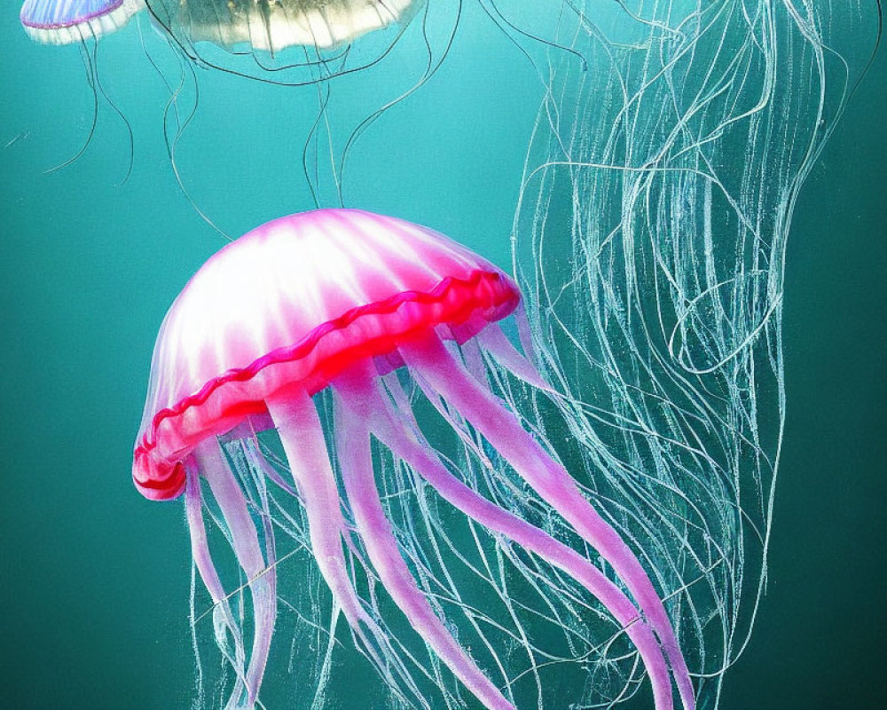 Translucent pink jellyfish with long tentacles in underwater scene