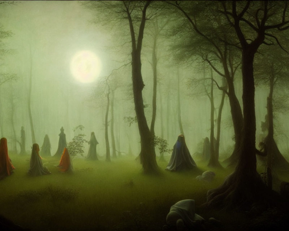 Mystical forest scene at dusk with robed figures and glowing orb