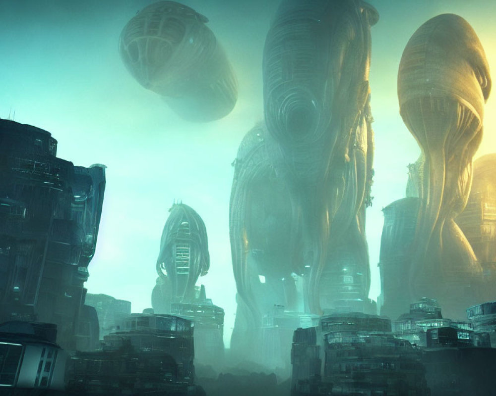 Futuristic cityscape with towering organic structures in blue-green haze