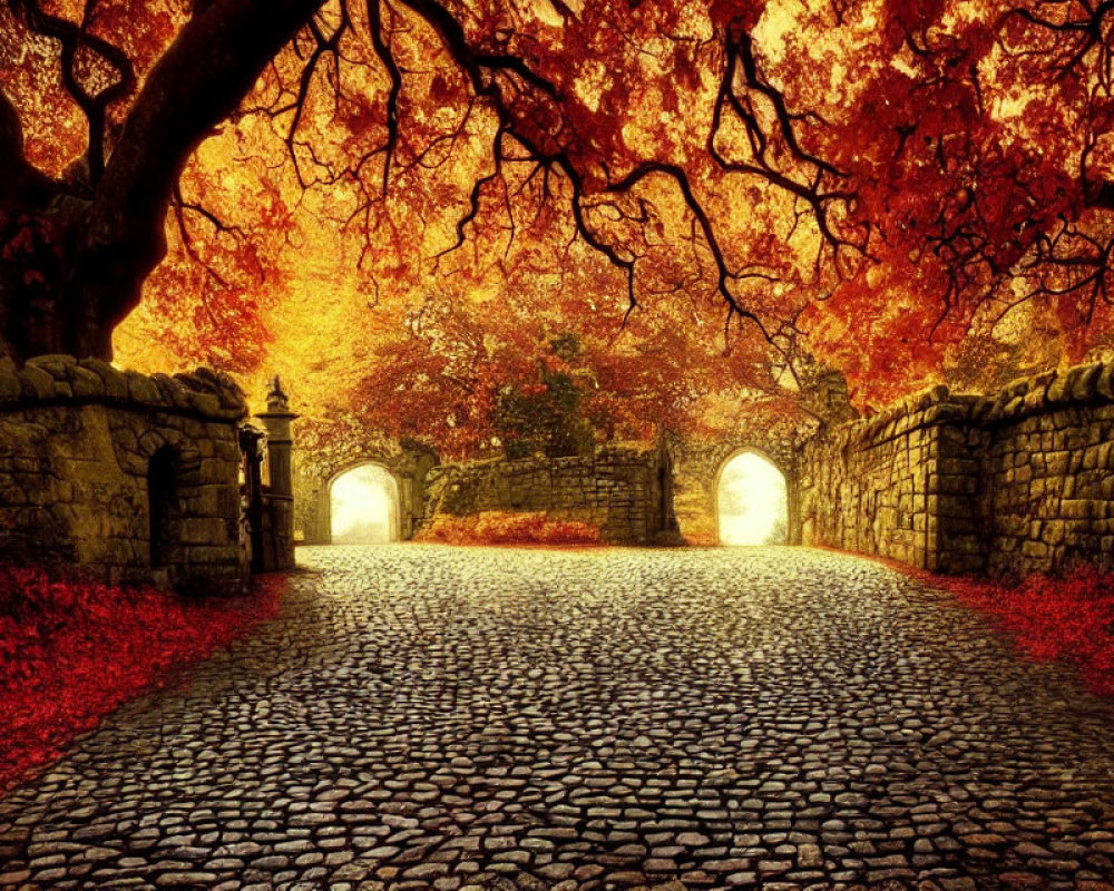 Stone bridge surrounded by autumn foliage in golden hues