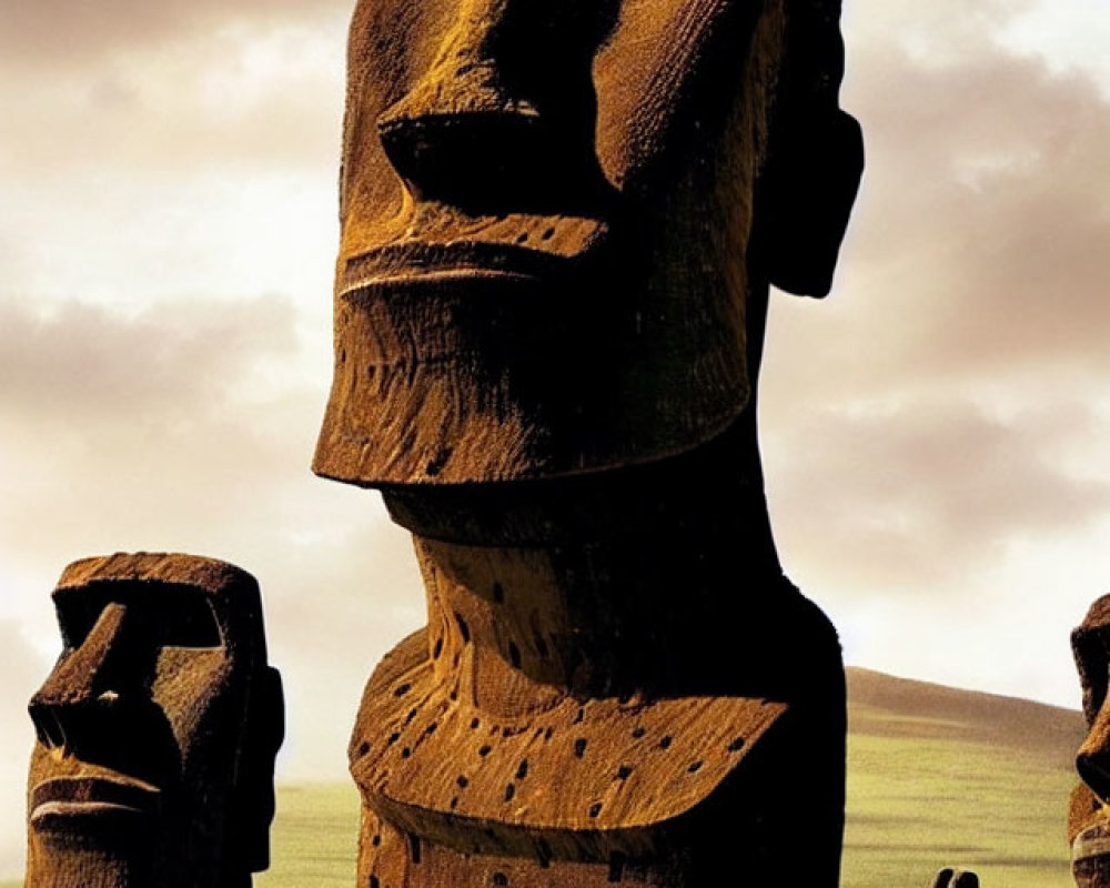 Prominent facial features on giant moai statues in grassy plain