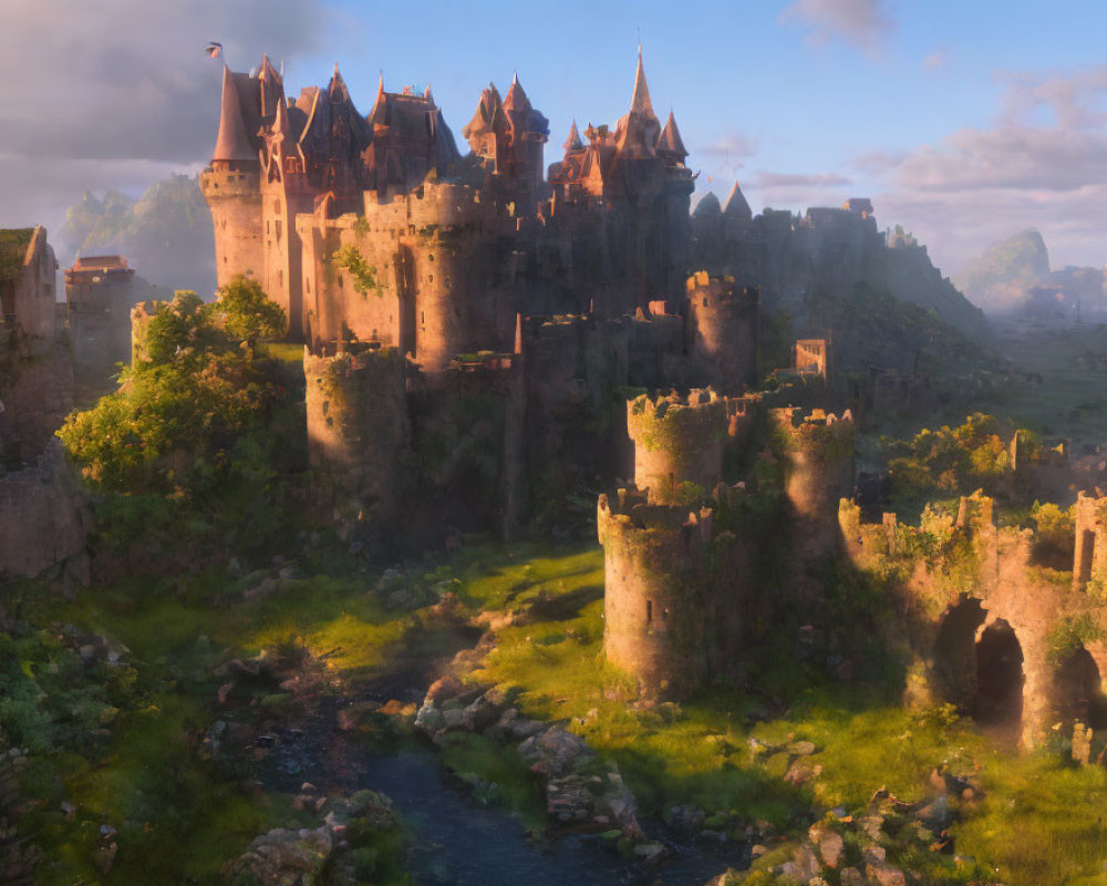 Sunlit castle surrounded by ruins, lush scenery, and flowing stream