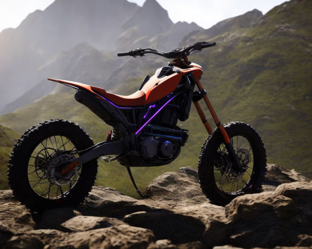 Off-road motorcycle on rocky terrain with green mountains in the background