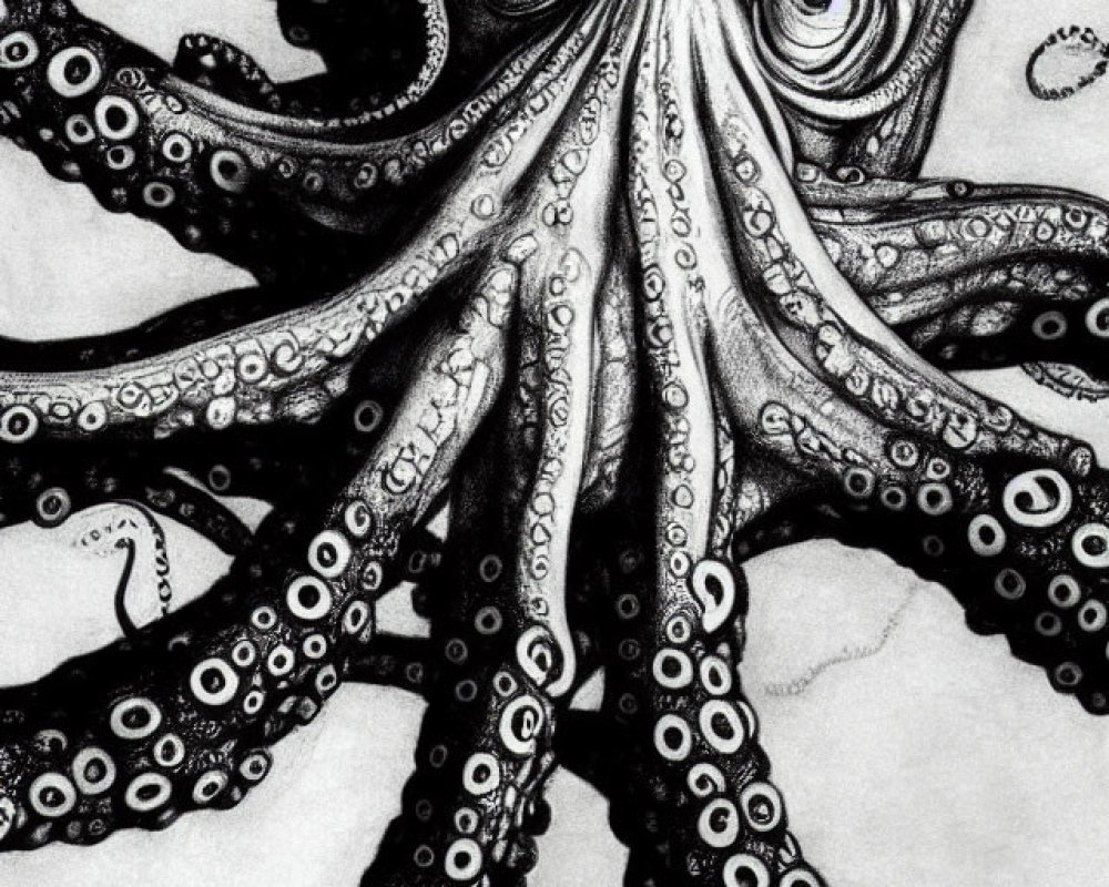 Detailed pencil sketch of octopus with prominent eyes and intricate suction cups.