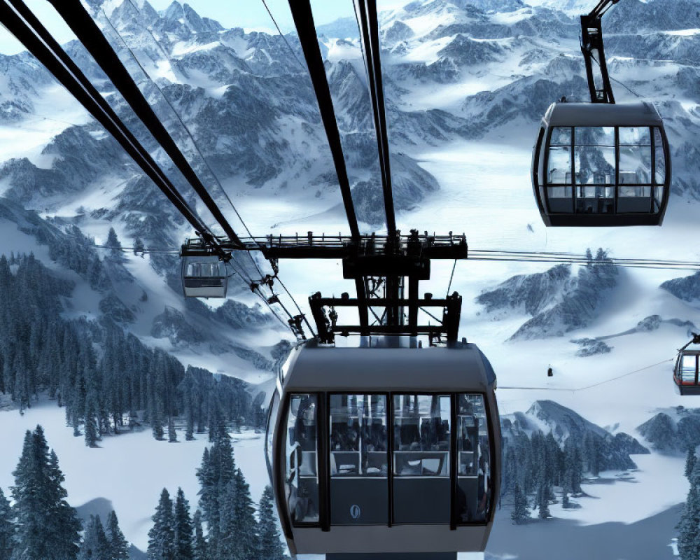 Snowy mountain landscape with cable cars and pine forests under clear sky