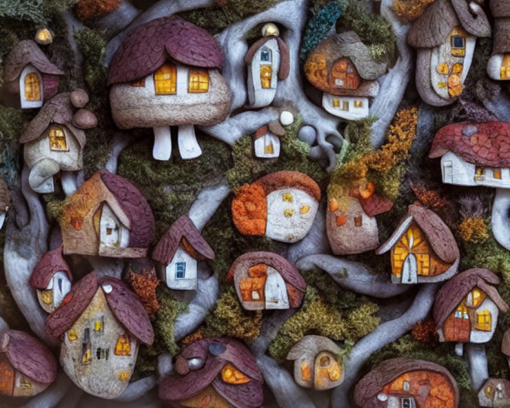 Miniature fairy-tale houses nestled among tree roots and moss.