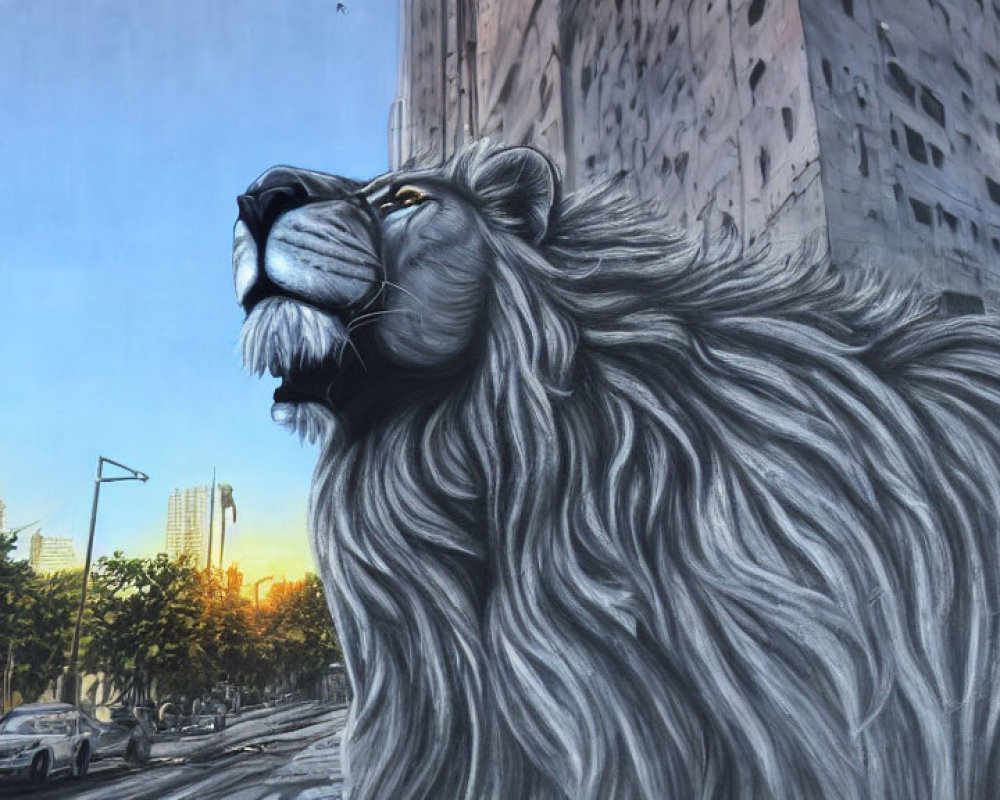 Realistic lion head mural on city wall with sunset backdrop