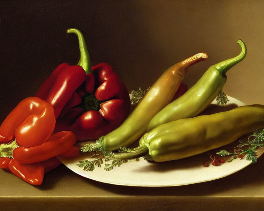 Still Life Painting of Red Bell Pepper, Green Chili Peppers, and Cucumber on White Plate