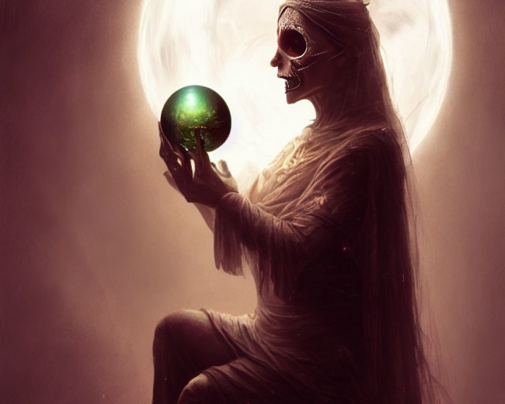 Ethereal figure with skeletal face holding glowing orb under full moon