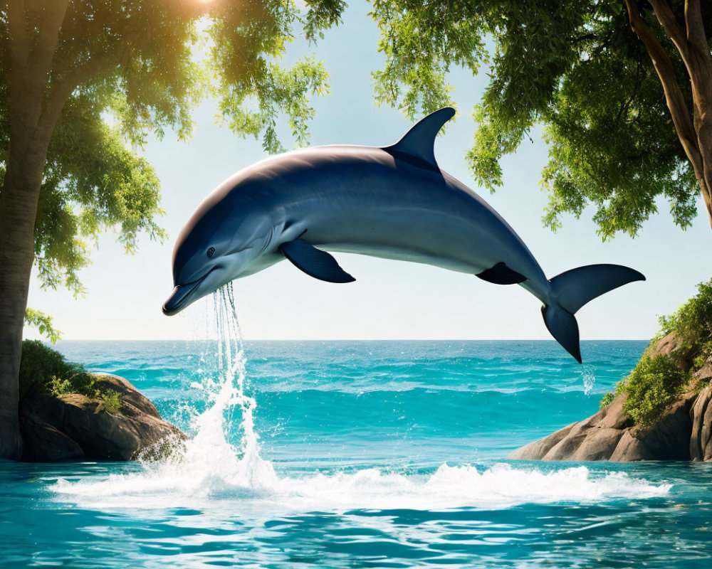 Dolphin leaping over turquoise waters near lush tropical island