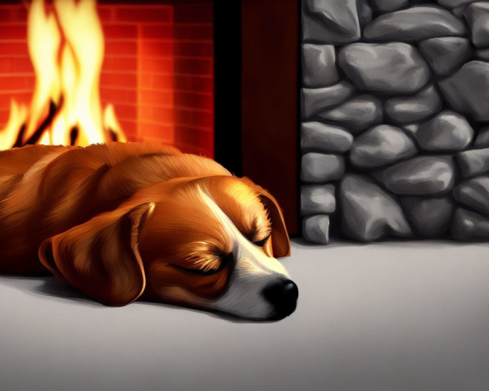 Brown and White Dog Sleeping by Cozy Stone Fireplace