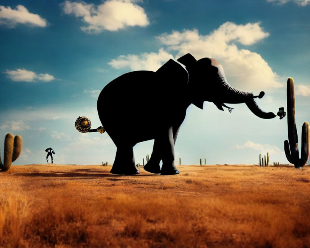 Surreal image: elephant with magnifying glass tail, human figure, vast sky, cact