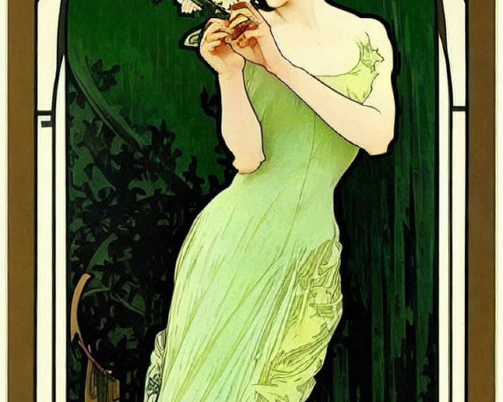 Elegant lady in green dress with white flowers in Art Nouveau style illustration