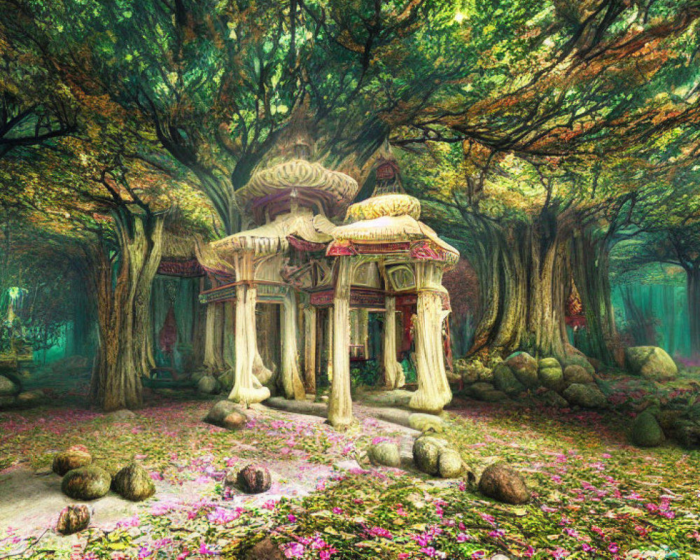 Mystical stone pavilion in enchanted forest with figure and pink petals