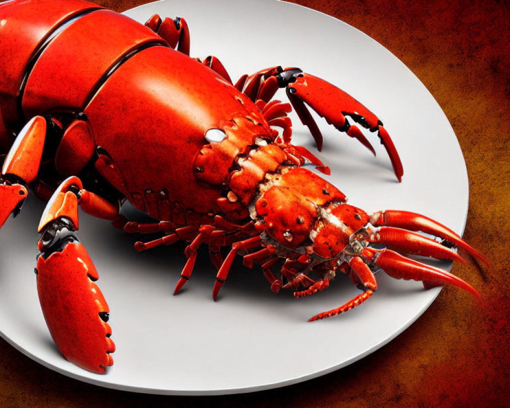 Red Cooked Lobster on White Plate Against Orange Background