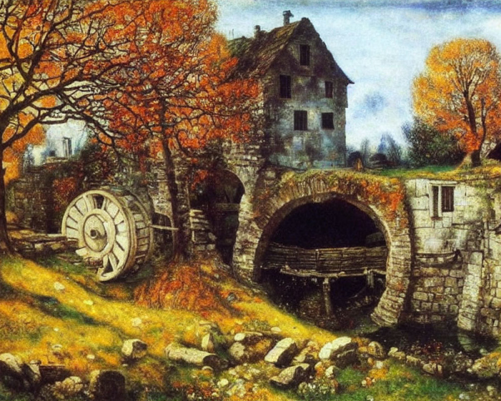 Rustic watermill and stone bridge in autumn scenery