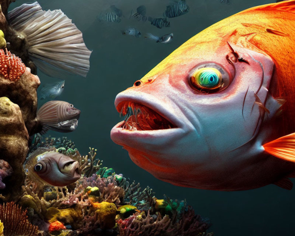 Colorful Underwater Scene with Large Red Fish and Coral Reefs