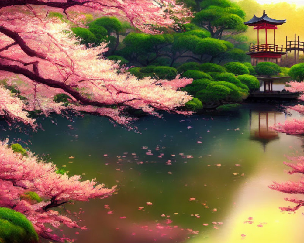 Japanese Garden with Pink Cherry Blossoms and Red Pagoda