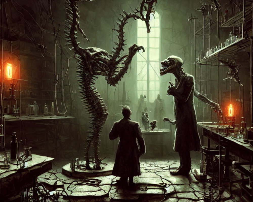 Gothic laboratory scene with humanoid reptilian creatures