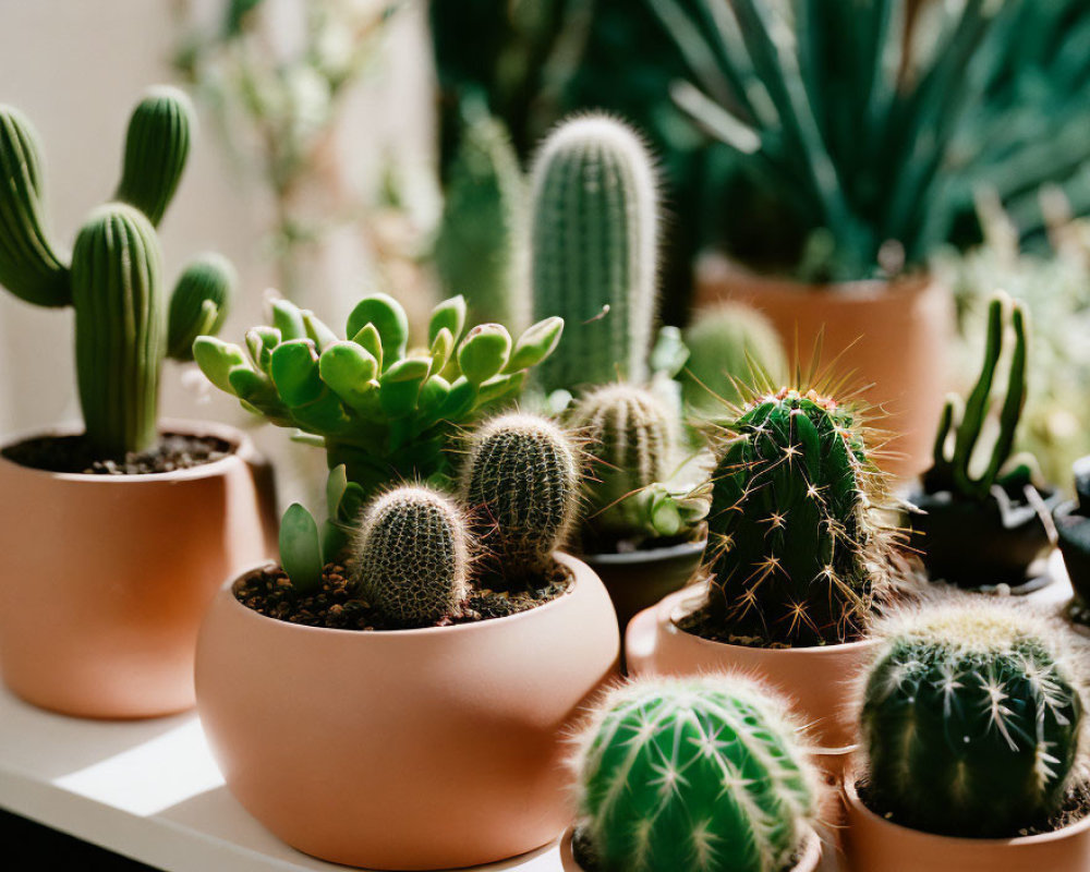 Assorted Cacti and Succulents in Terra Cotta Pots on Shelf