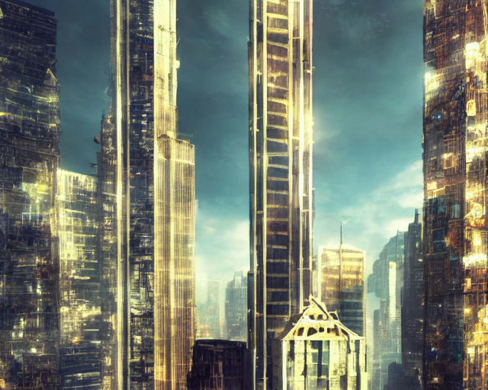 Futuristic skyscrapers in golden sunset light with dramatic cloudy sky