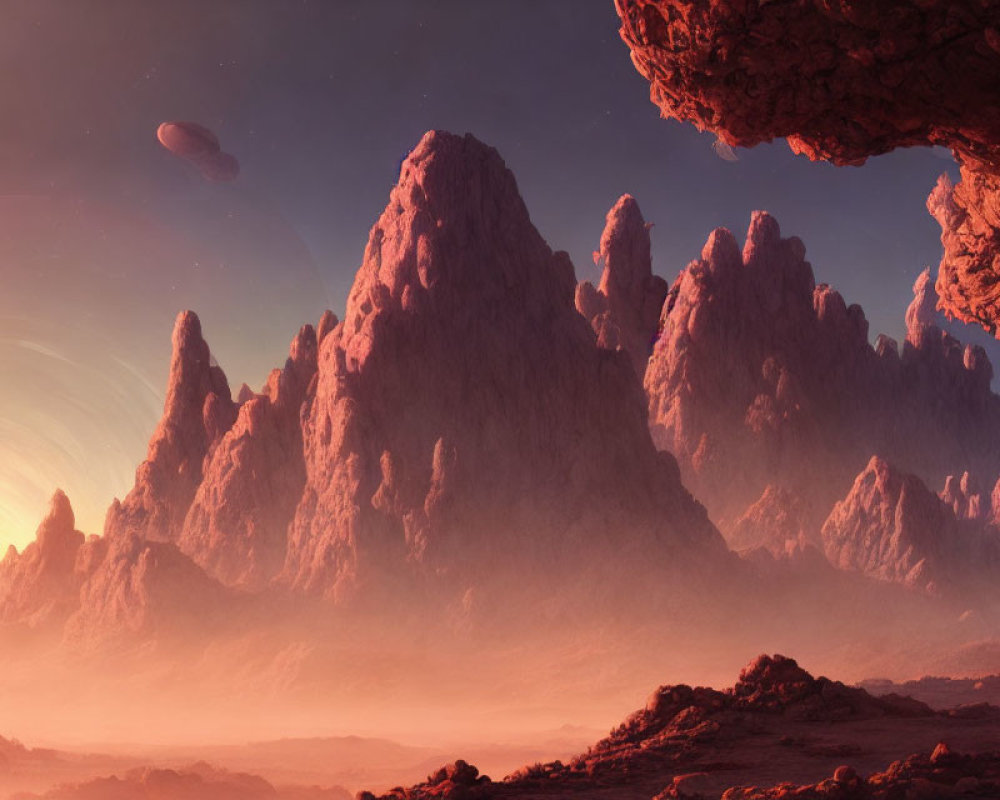 Alien landscape with red rock formations and two moons in the sky