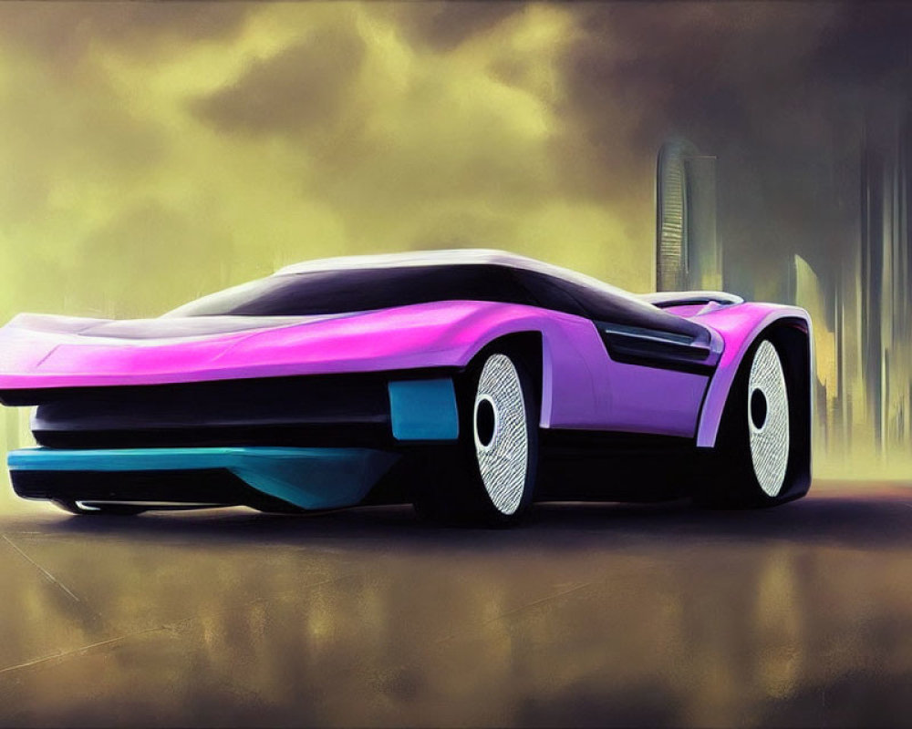 Futuristic purple and white sports car against cityscape