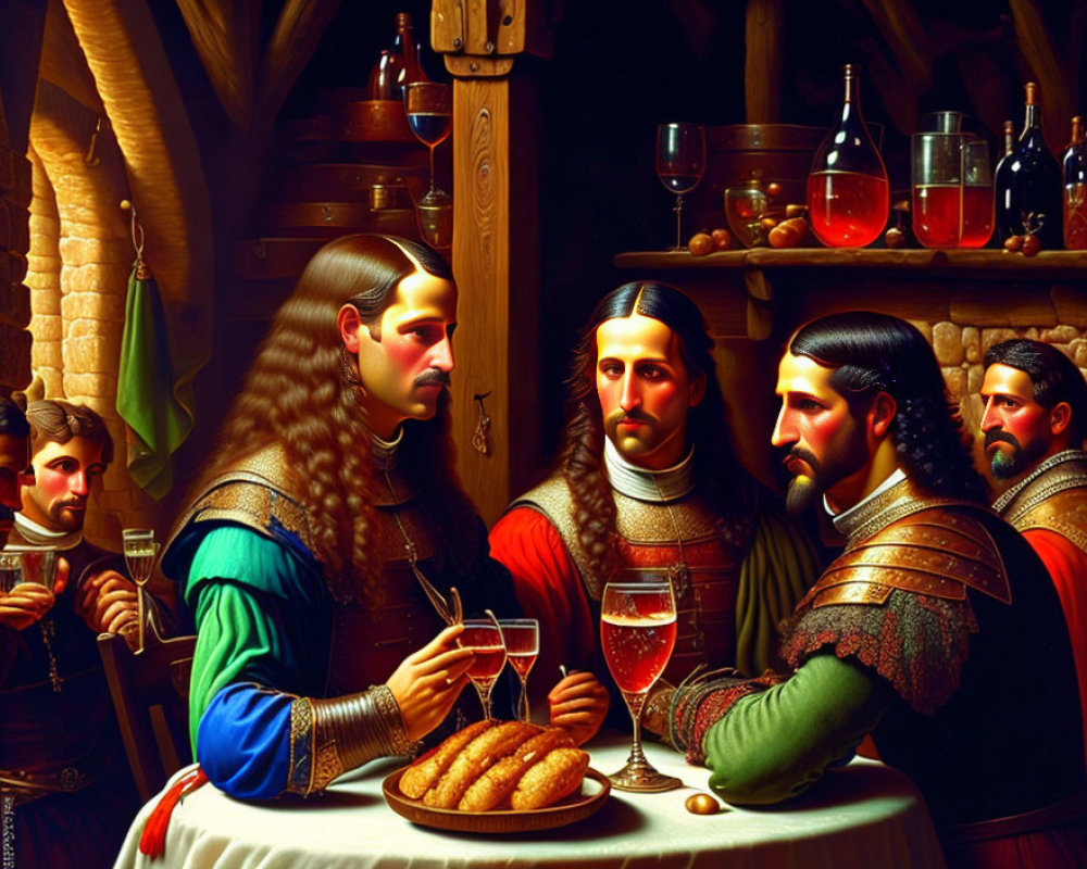 Medieval men in elaborate attire toasting with wine at a vibrant banquet