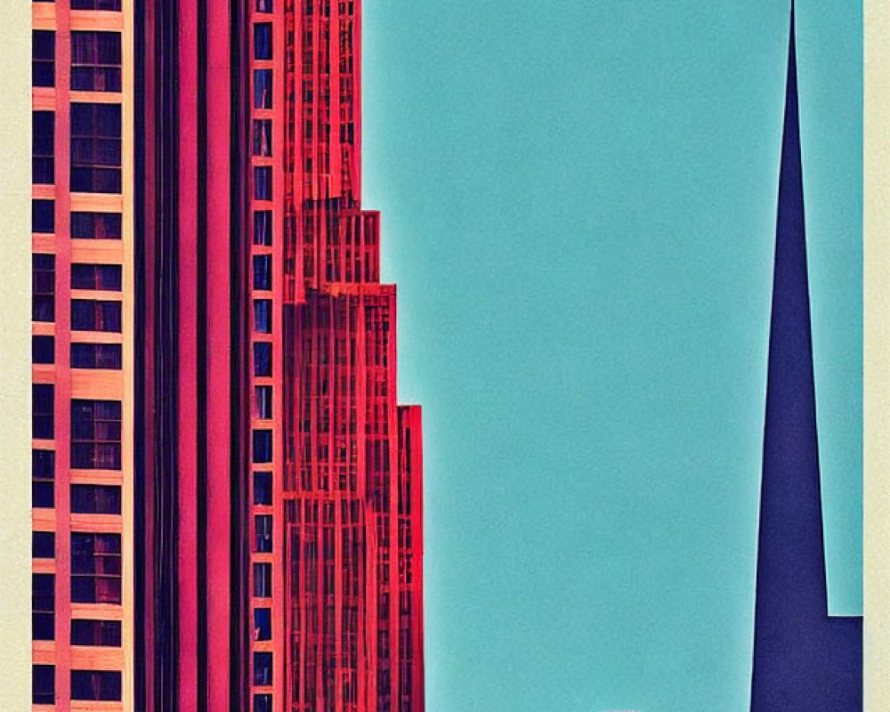 Vibrant skyscraper graphic art in red and teal hues