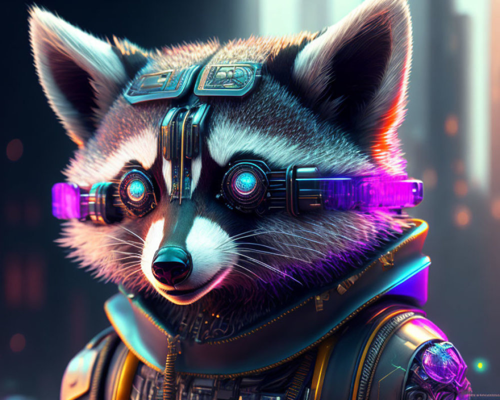 Detailed digital artwork: anthropomorphic raccoon in futuristic armor with neon goggles, cityscape backdrop