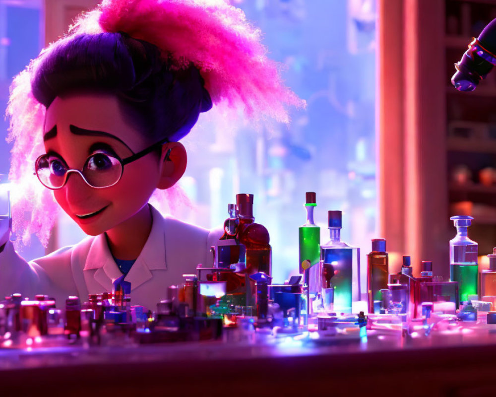 Animated character in lab coat examines glowing bottles