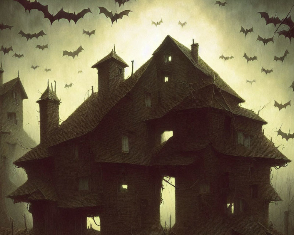 Spooky abandoned house with gables and bats under gloomy sky