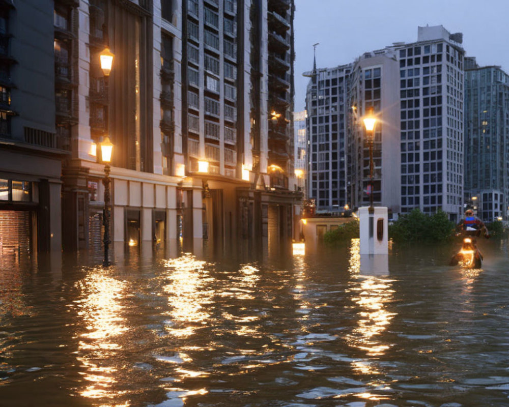 City street flooded at twilight with buildings and streetlights reflected, person on motorbike navigating.