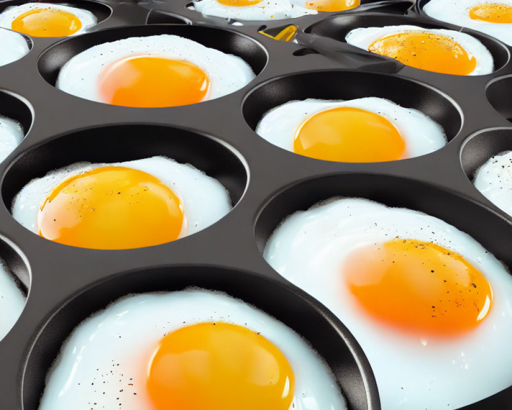 Runny Yolk Sunny-Side-Up Eggs in Black Muffin Pan with Pepper