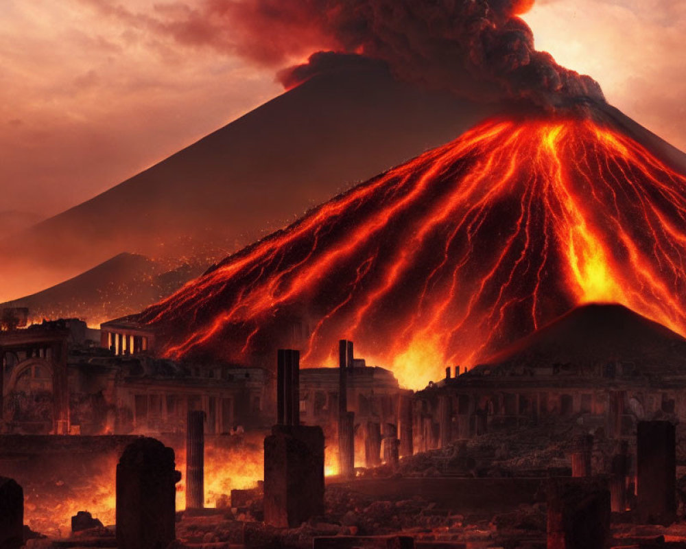 Volcanic eruption with flowing lava and ash clouds over ancient ruins