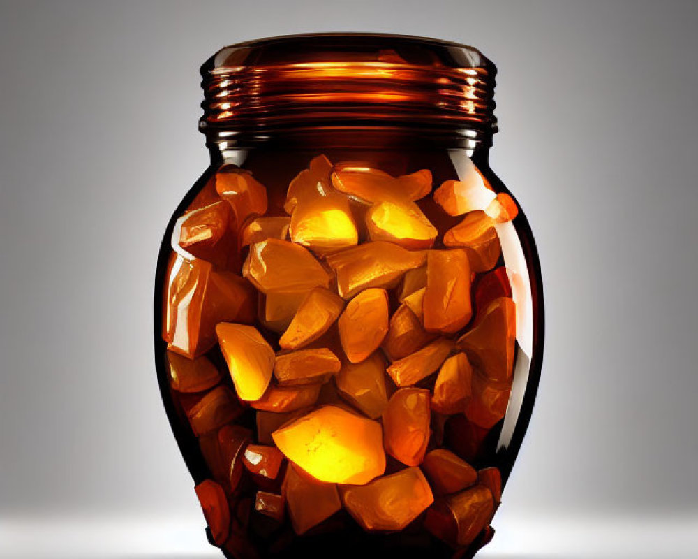 Amber stones in illuminated glass jar on gradient background